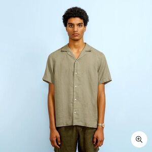 ISTO Camp Collar Linen Short Sleeve Button Up Shirt Men's Large Military Green